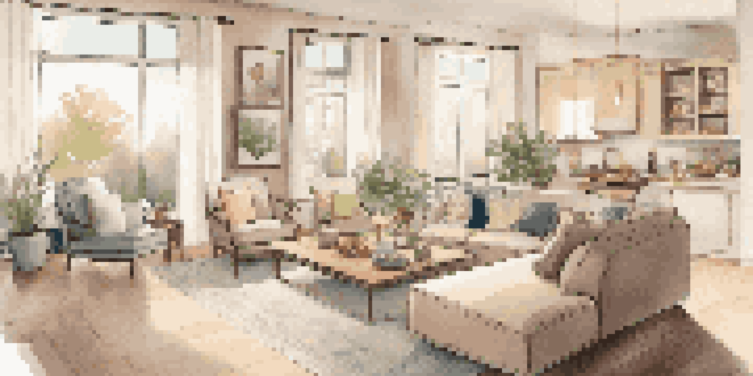 A bright and inviting open concept living room with large windows, cozy seating, and warm lighting.