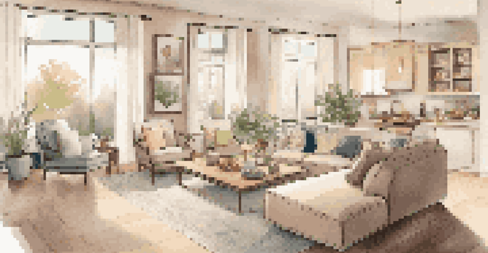 A bright and inviting open concept living room with large windows, cozy seating, and warm lighting.