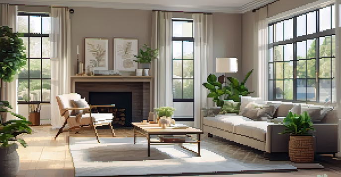 A bright living room with large windows, modern furniture, and potted plants, illuminated by natural light.