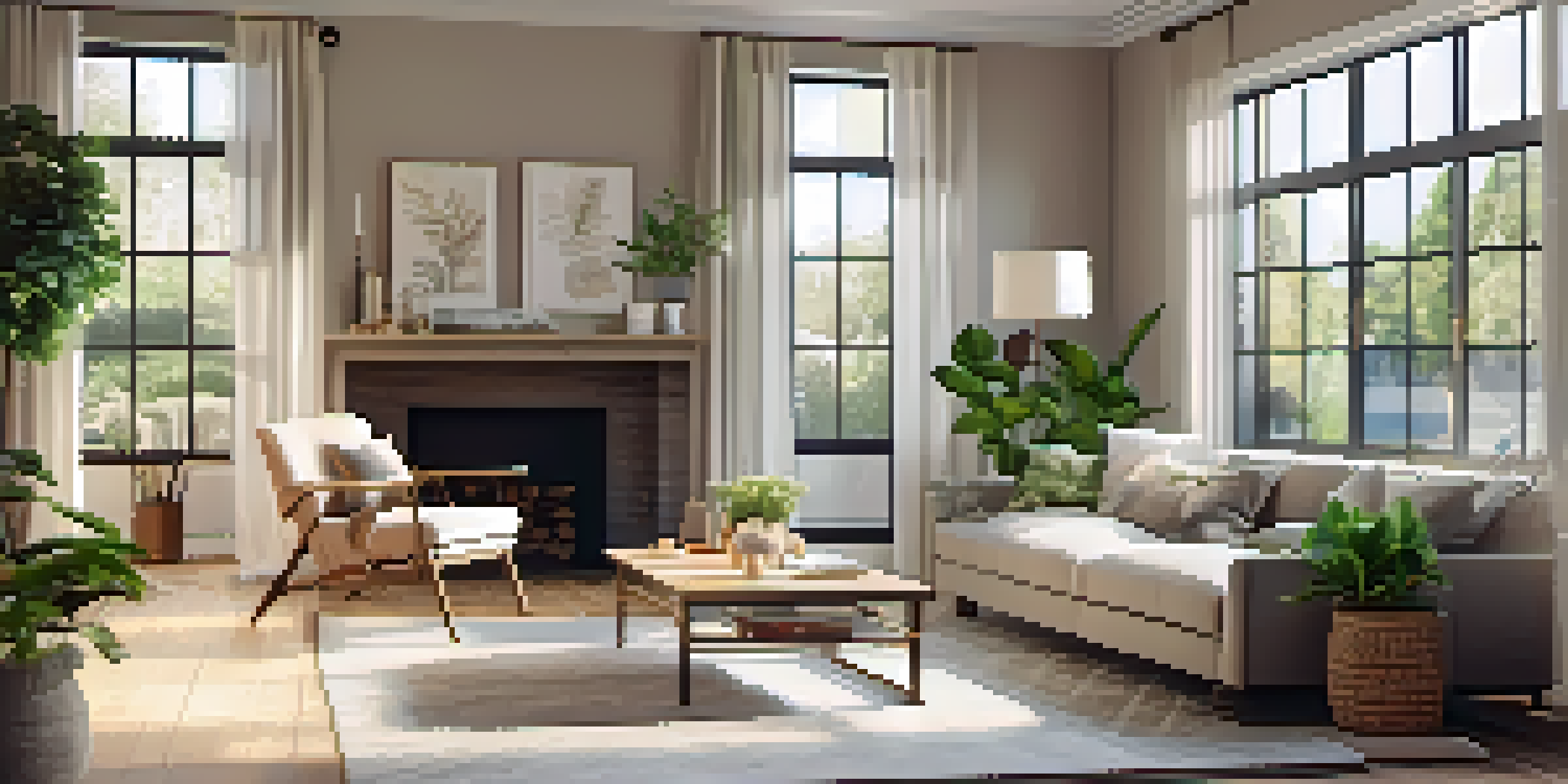 A bright living room with large windows, modern furniture, and potted plants, illuminated by natural light.