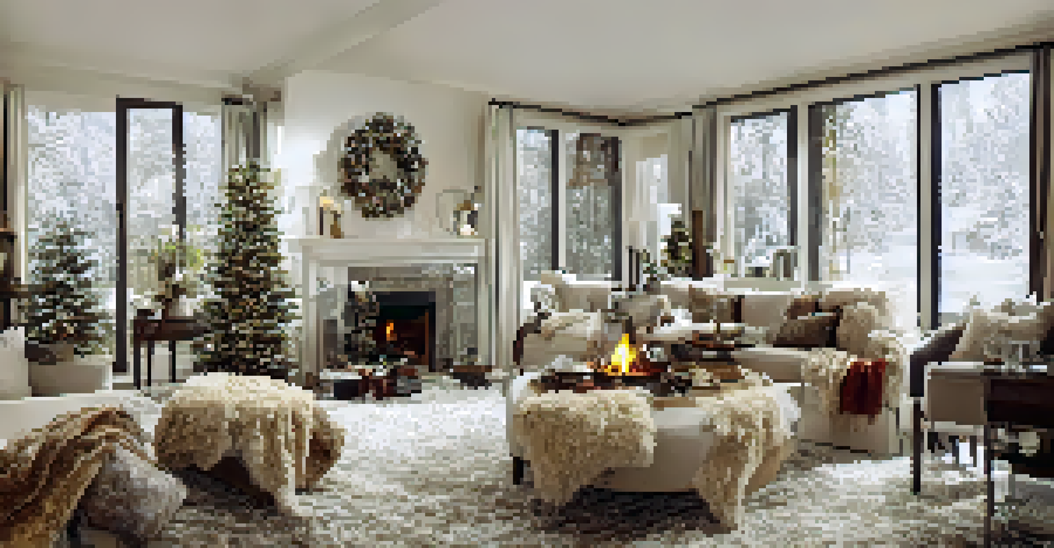 A cozy winter living room with a fireplace and snowy landscape outside.