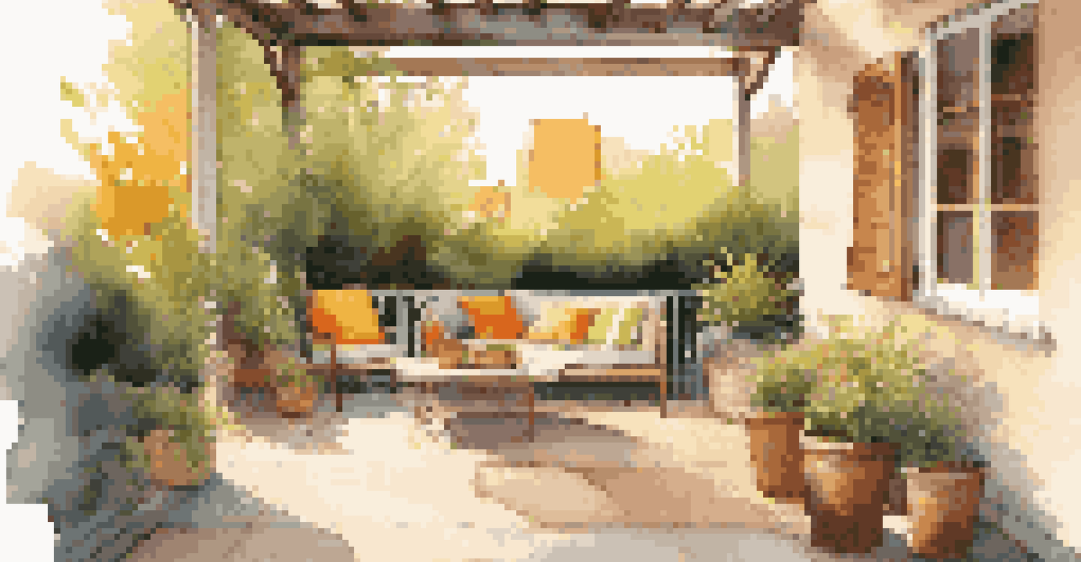 A cozy outdoor relaxation area with seating, a coffee table, and potted plants, illuminated by warm sunlight in the afternoon.