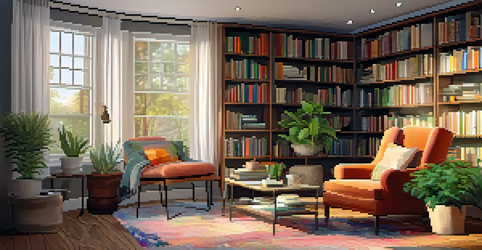 A cozy reading nook with a plush armchair and warm lighting in an open concept living space, surrounded by plants and bookshelves.