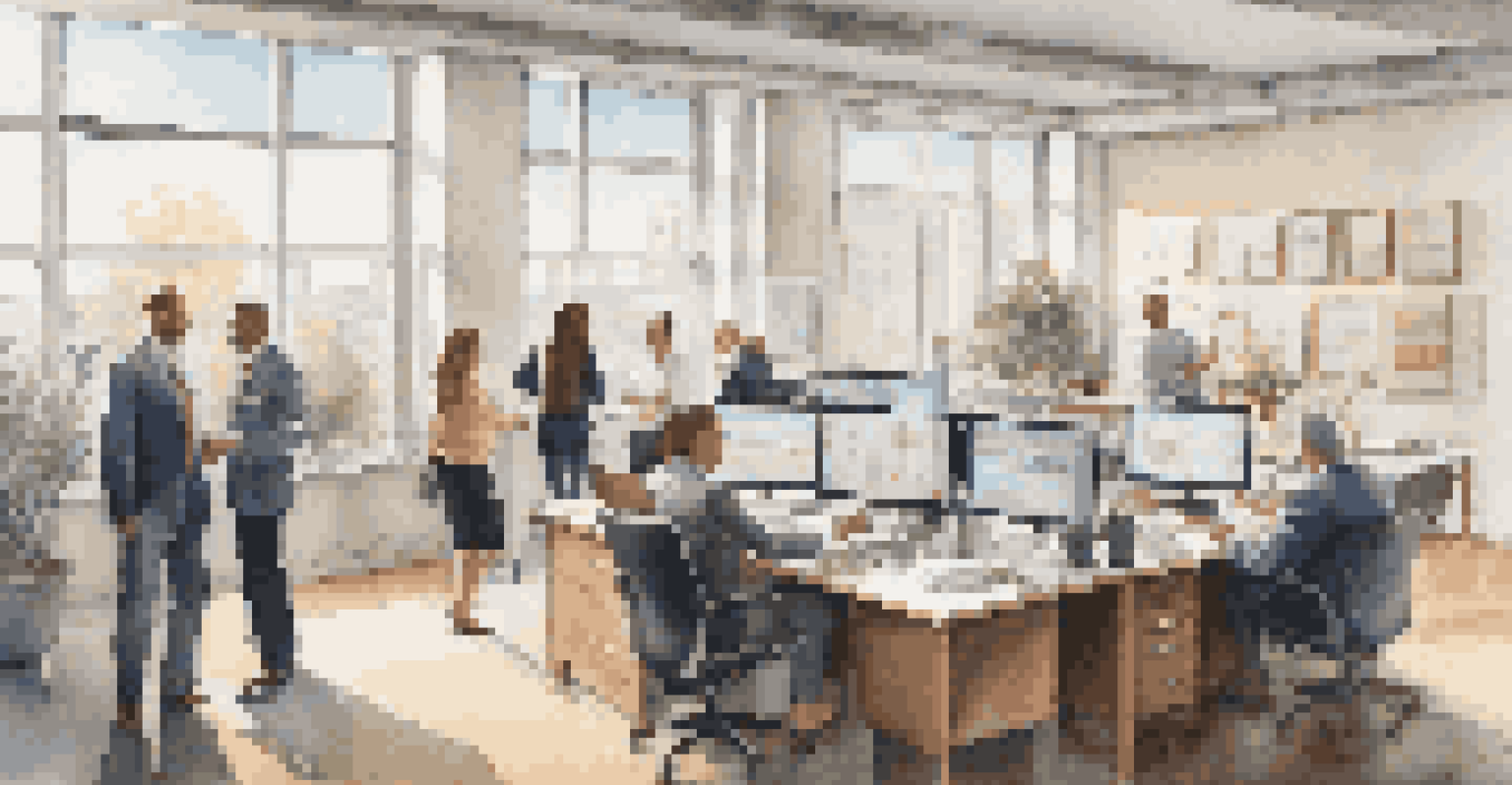 A busy real estate office where professionals are discussing home flipping strategies, with charts and listings visible.