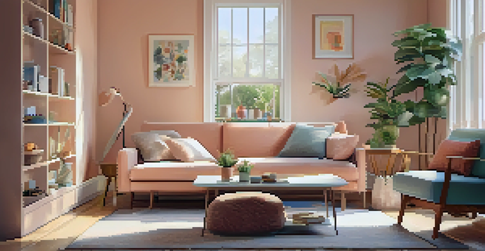 A cozy living room filled with multi-functional furniture, including a coffee table that serves as storage, a sofa bed, and bright pastel-colored walls.