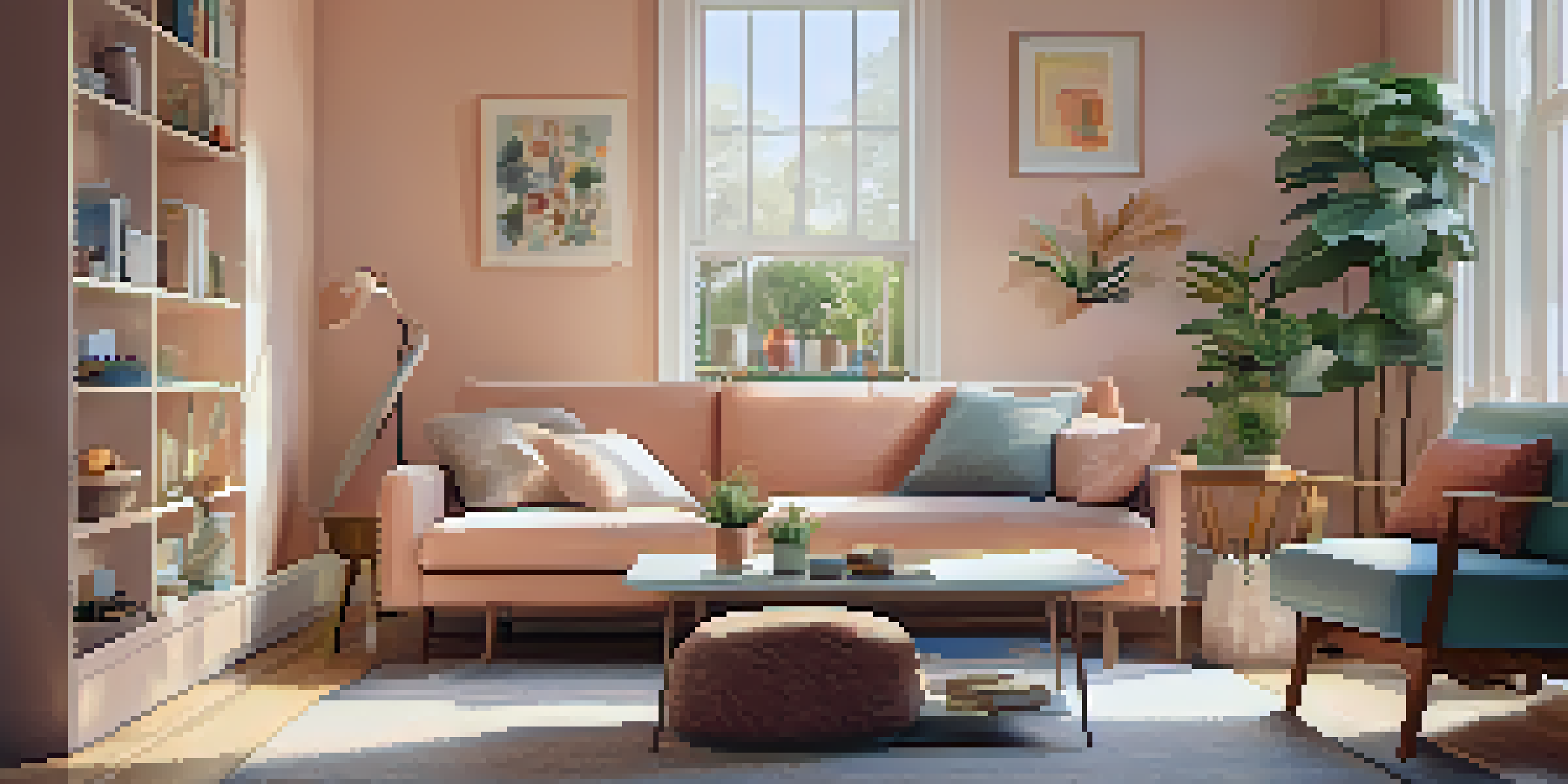 A cozy living room filled with multi-functional furniture, including a coffee table that serves as storage, a sofa bed, and bright pastel-colored walls.