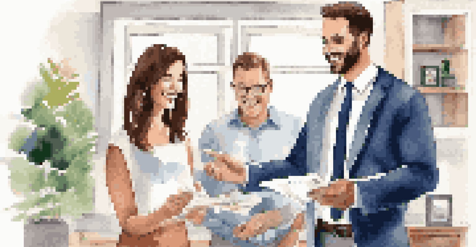 A real estate agent showing a home warranty brochure to a couple in a stylishly decorated home.