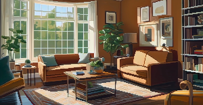 A cozy living room with a couch, coffee table, and sunlight filtering through large windows.