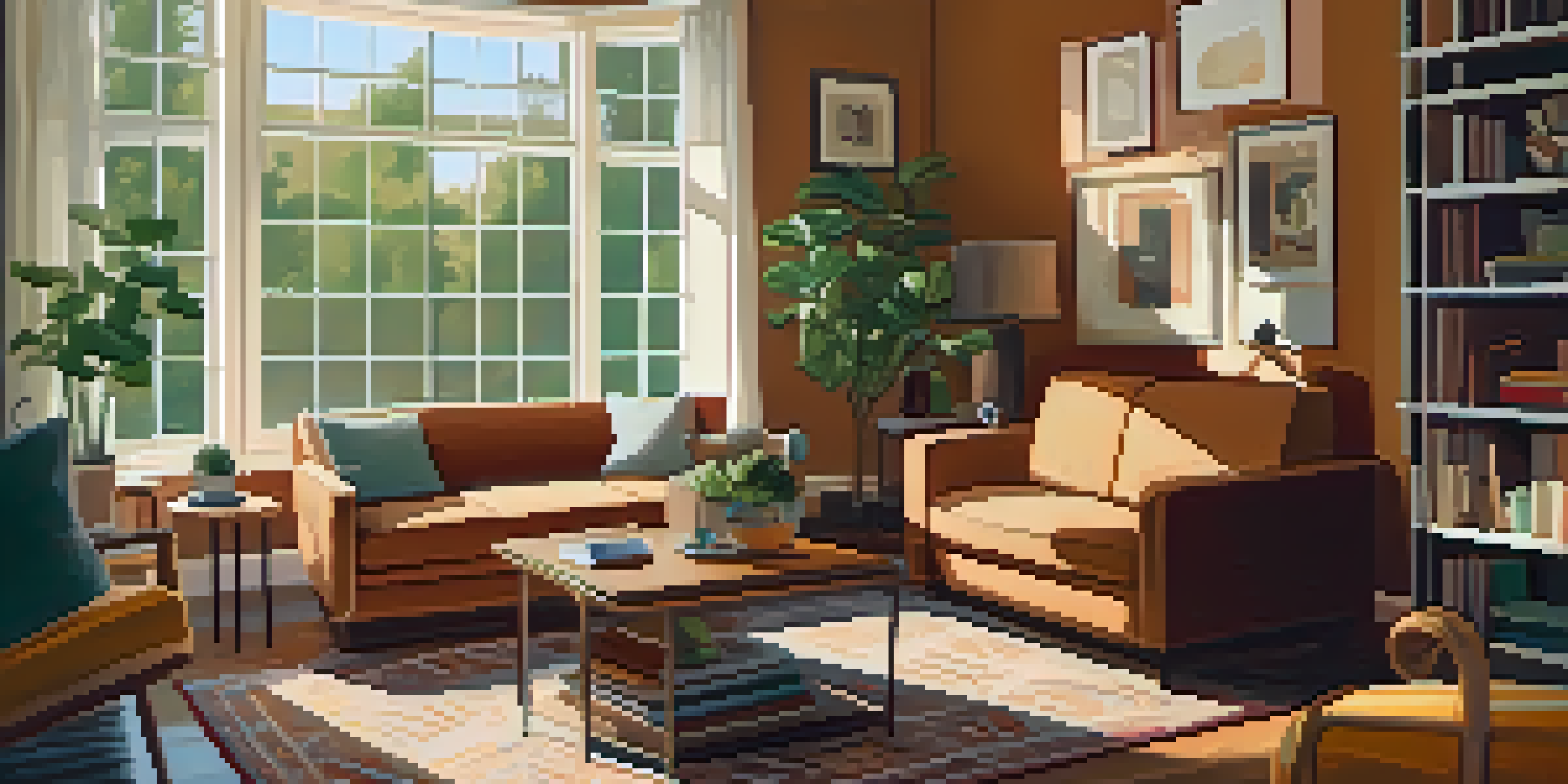 A cozy living room with a couch, coffee table, and sunlight filtering through large windows.