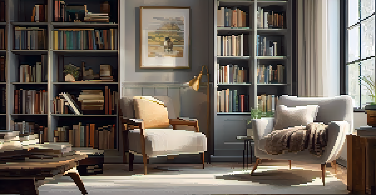 A cozy living room with a reading nook, plush armchair, and a bookshelf, featuring warm lighting and soft textures.