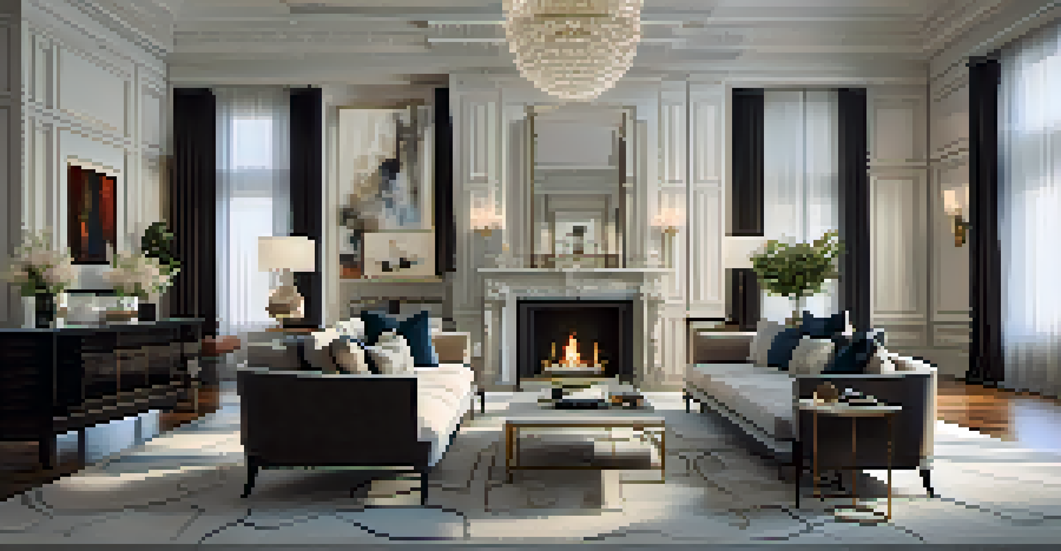 An elegant living room with high ceilings, modern furniture, and a grand fireplace, decorated with designer pillows and tasteful artwork.