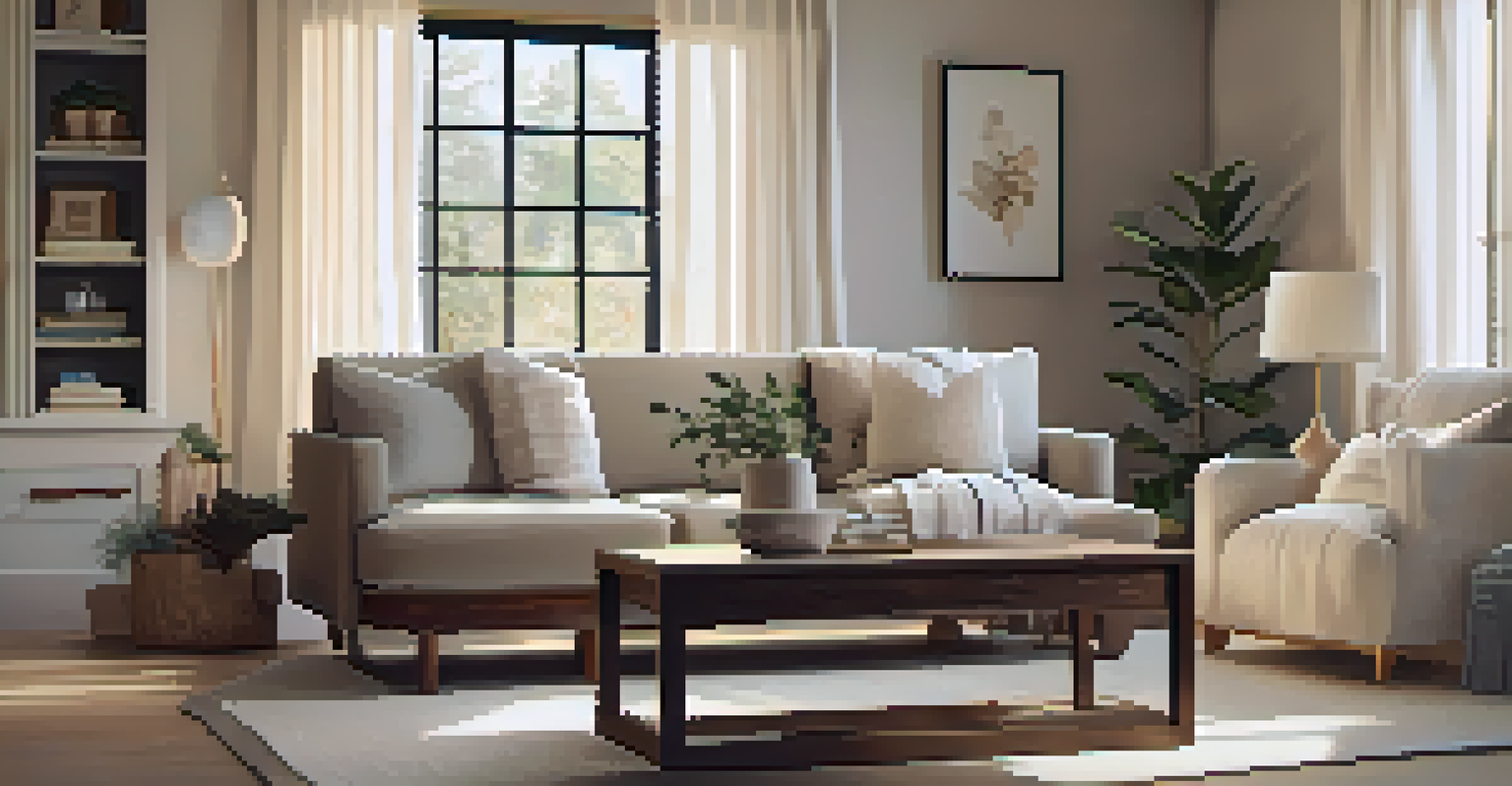 A well-staged living room with neutral decor, soft lighting, and a bright, inviting atmosphere.