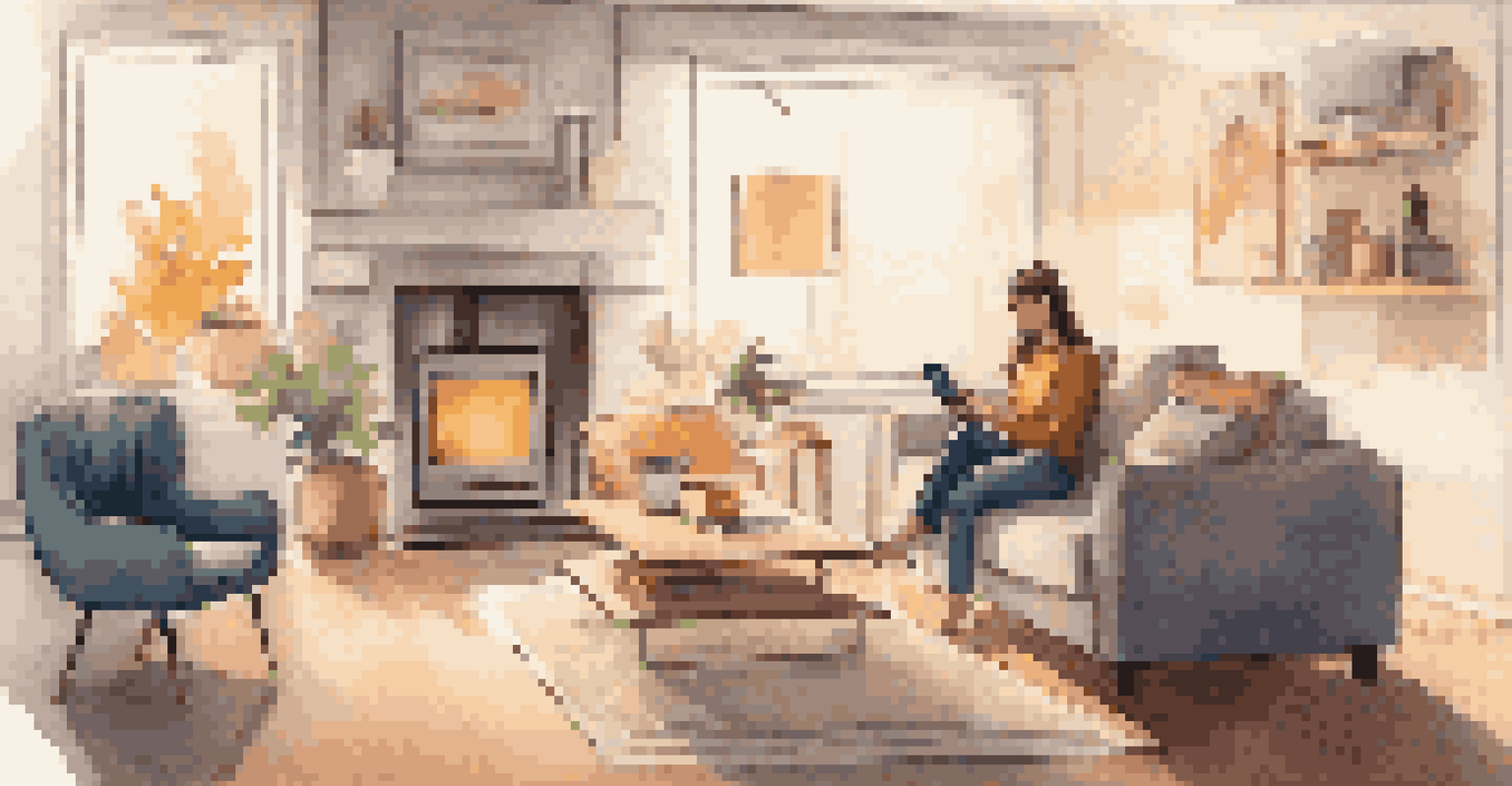 A young professional using a smartphone to control smart home appliances in a cozy living room with warm lighting.