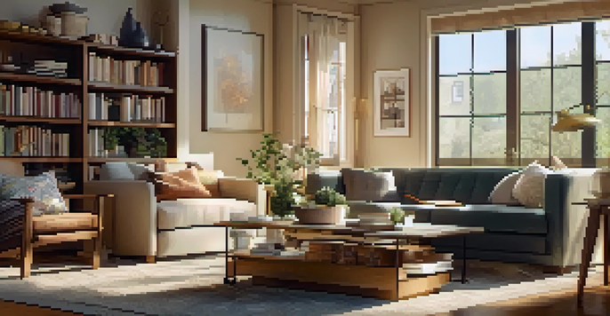 A cozy living room with modern furniture and warm lighting, featuring a large window and a vase of flowers on a coffee table.