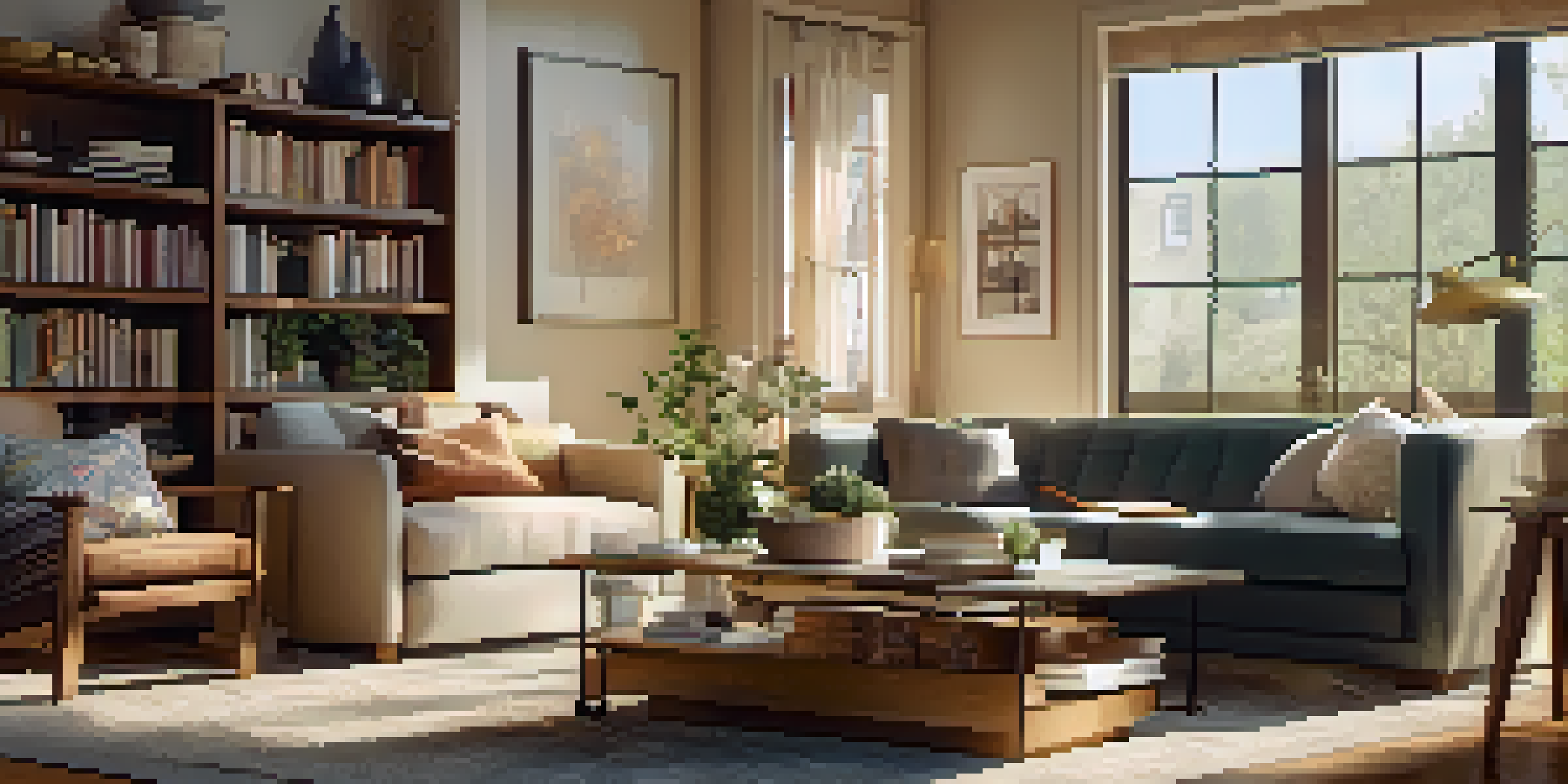 A cozy living room with modern furniture and warm lighting, featuring a large window and a vase of flowers on a coffee table.