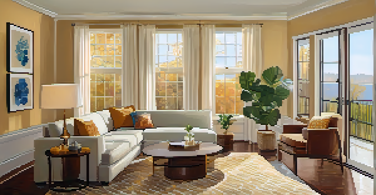 A cozy living room with a comfortable sofa, a coffee table, and warm lighting.