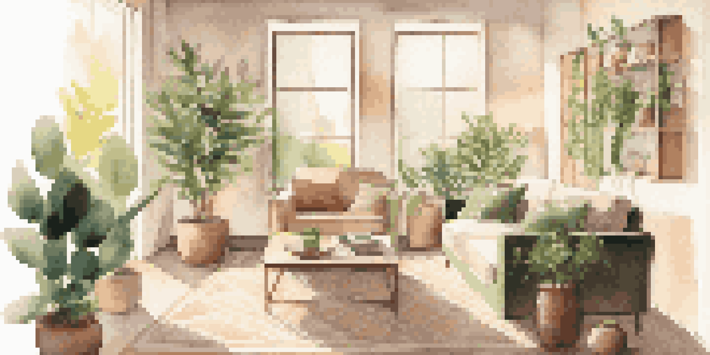 A modern living room with a comfortable sofa, a coffee table, and sunlight coming through large windows, featuring a warm color palette and decorative elements.