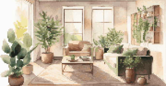 A modern living room with a comfortable sofa, a coffee table, and sunlight coming through large windows, featuring a warm color palette and decorative elements.