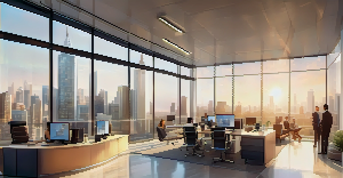 A modern real estate crowdfunding office with glass windows, sleek furniture, and professionals discussing investment data.