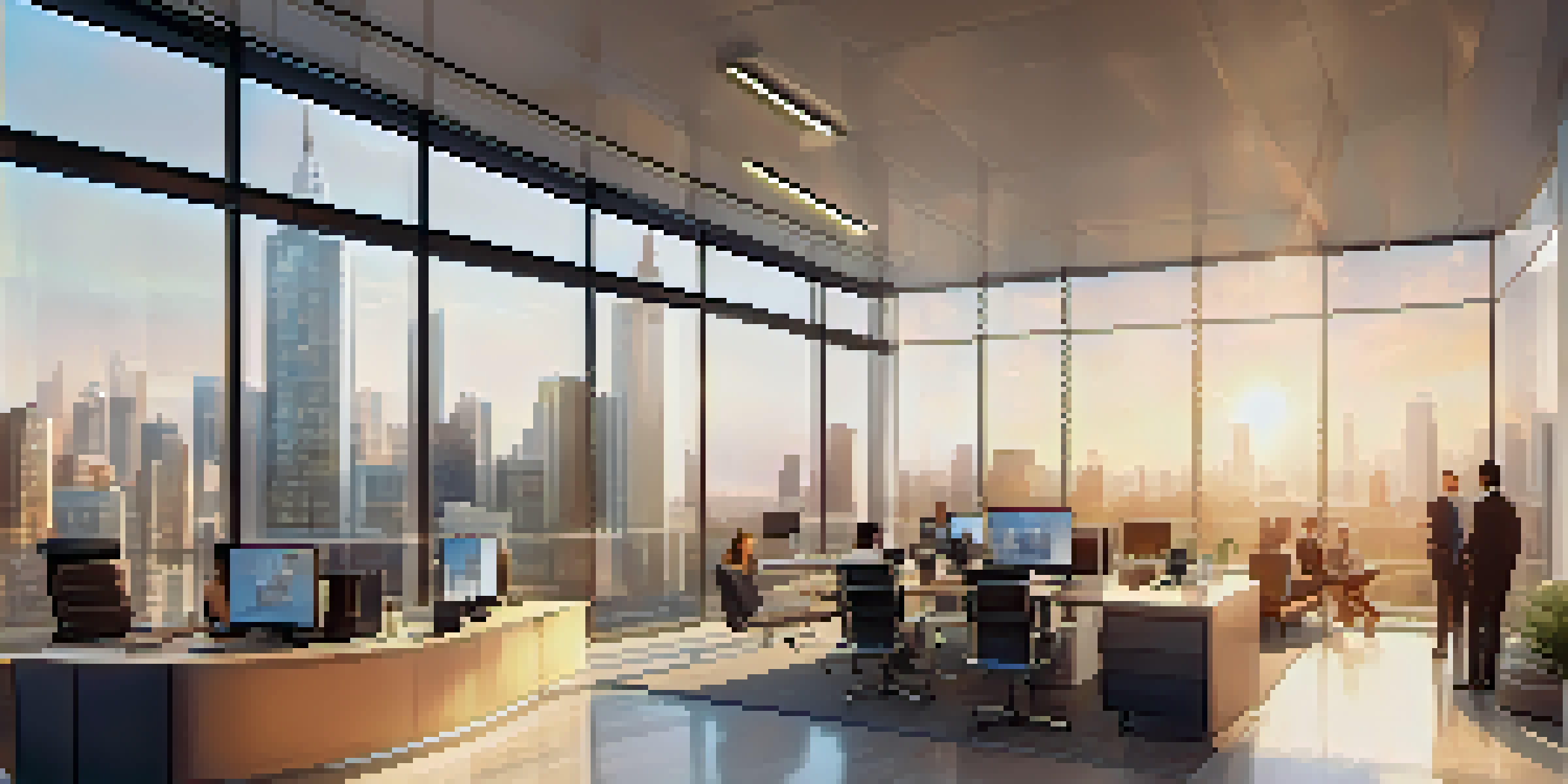 A modern real estate crowdfunding office with glass windows, sleek furniture, and professionals discussing investment data.