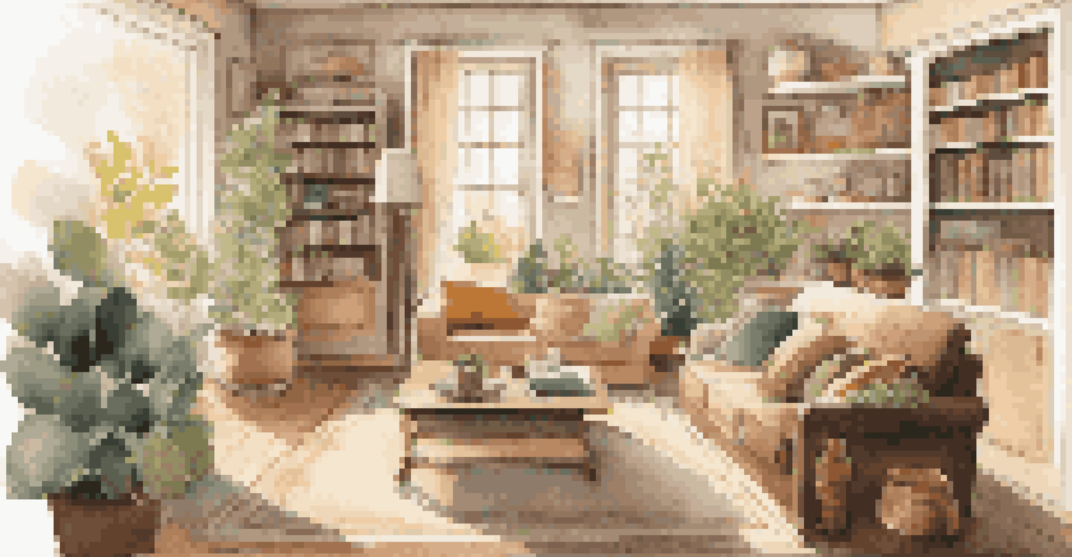 A cozy living room with natural light, a comfortable sofa, and decorative plants.