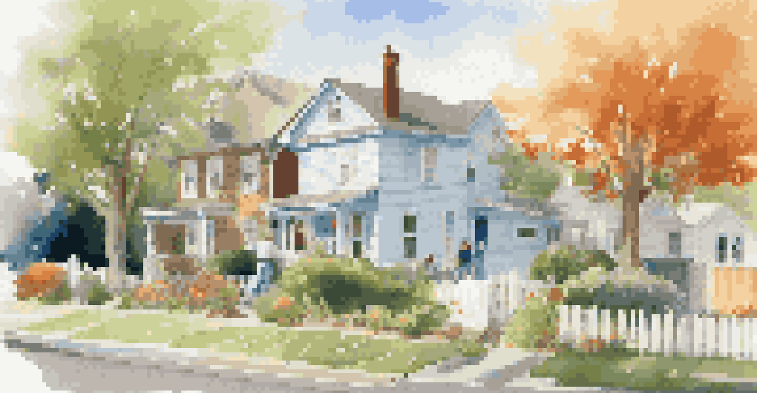 Two neighbors having a friendly conversation about renovation plans over a picket fence in a sunny neighborhood.