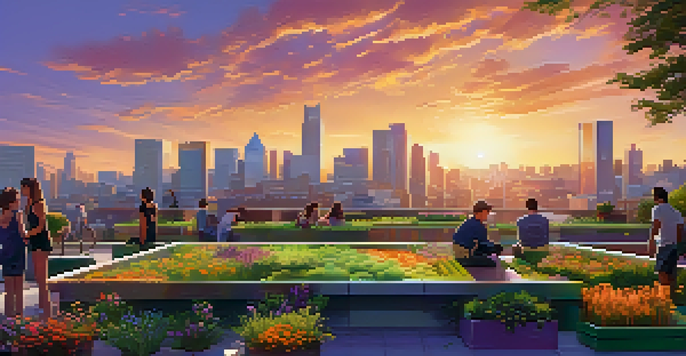 A city skyline with a green roof garden, showcasing plants and flowers under a sunset sky.