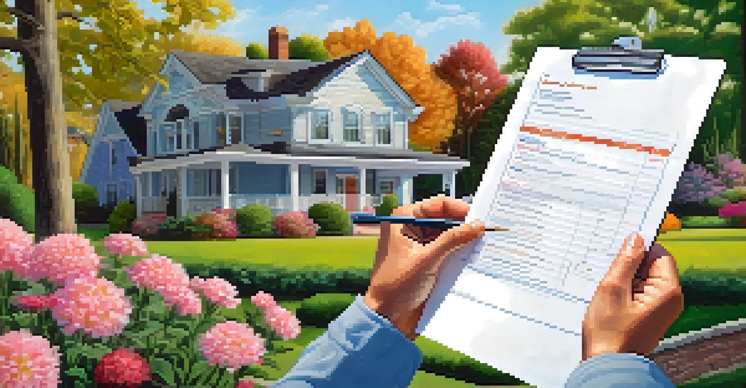 Close-up of a home inspector's hands holding a clipboard with checklists, in front of a well-maintained house and colorful flowers.