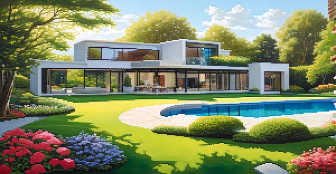 A modern home surrounded by greenery with large windows, a garden with flowers, and a fountain under a clear blue sky.