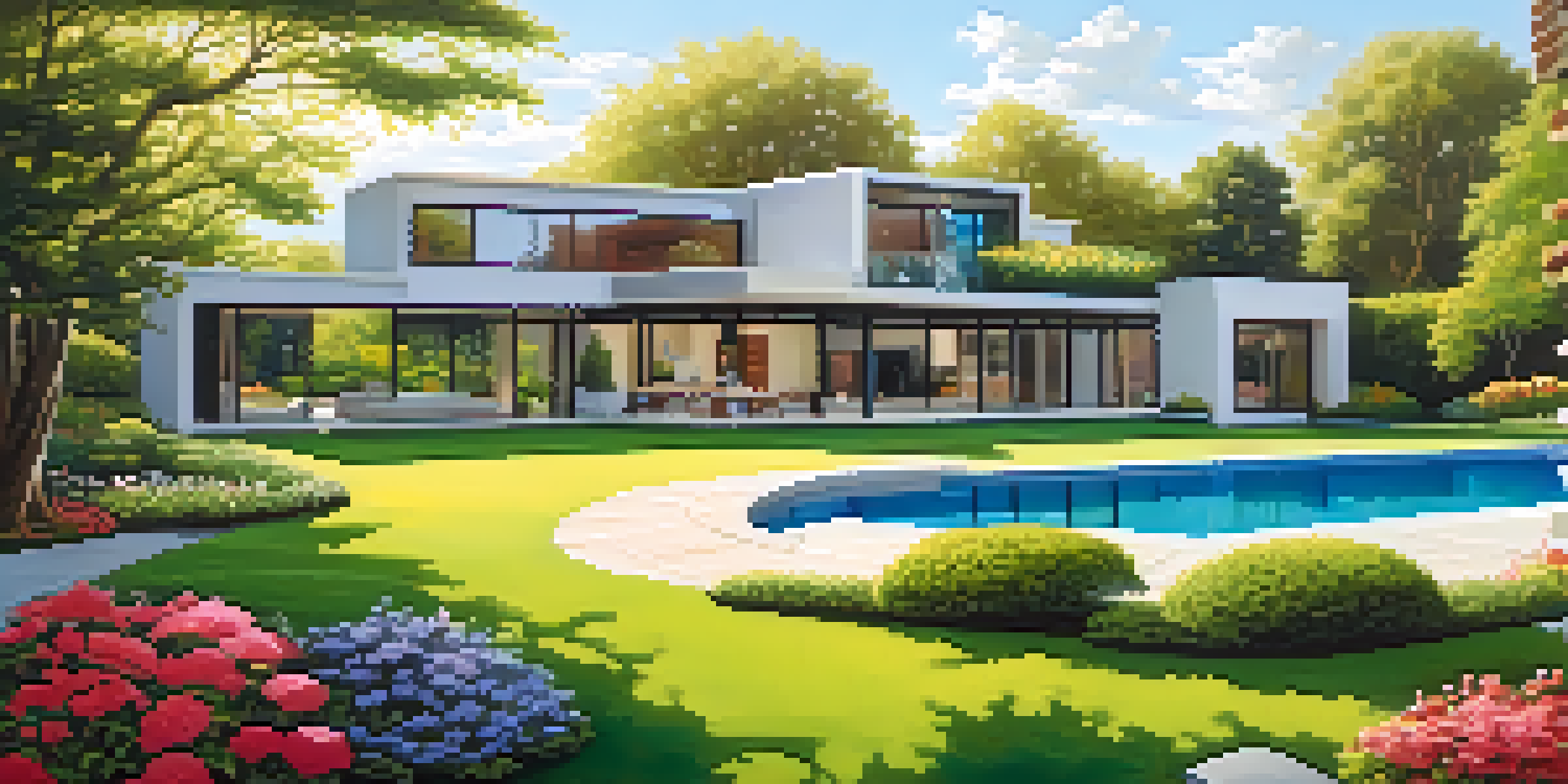 A modern home surrounded by greenery with large windows, a garden with flowers, and a fountain under a clear blue sky.