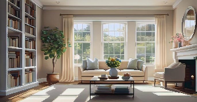 A warm and inviting living room with a sofa, coffee table, and a window that lets in sunlight.