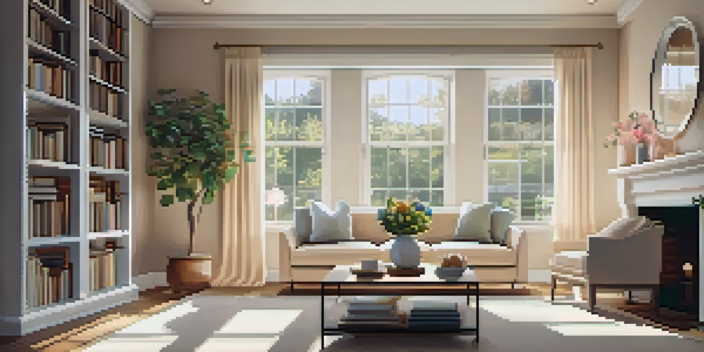 A warm and inviting living room with a sofa, coffee table, and a window that lets in sunlight.