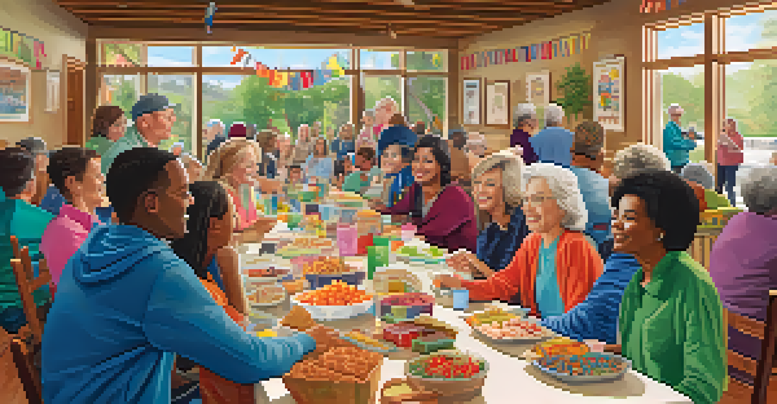 Residents participating in a community meeting in a bright clubhouse, surrounded by snacks and banners, engaging in discussions.