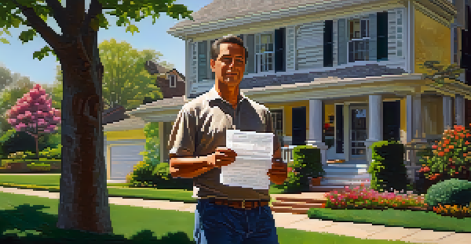 A homeowner stands in front of their well-kept house, holding property tax documents with a thoughtful expression.