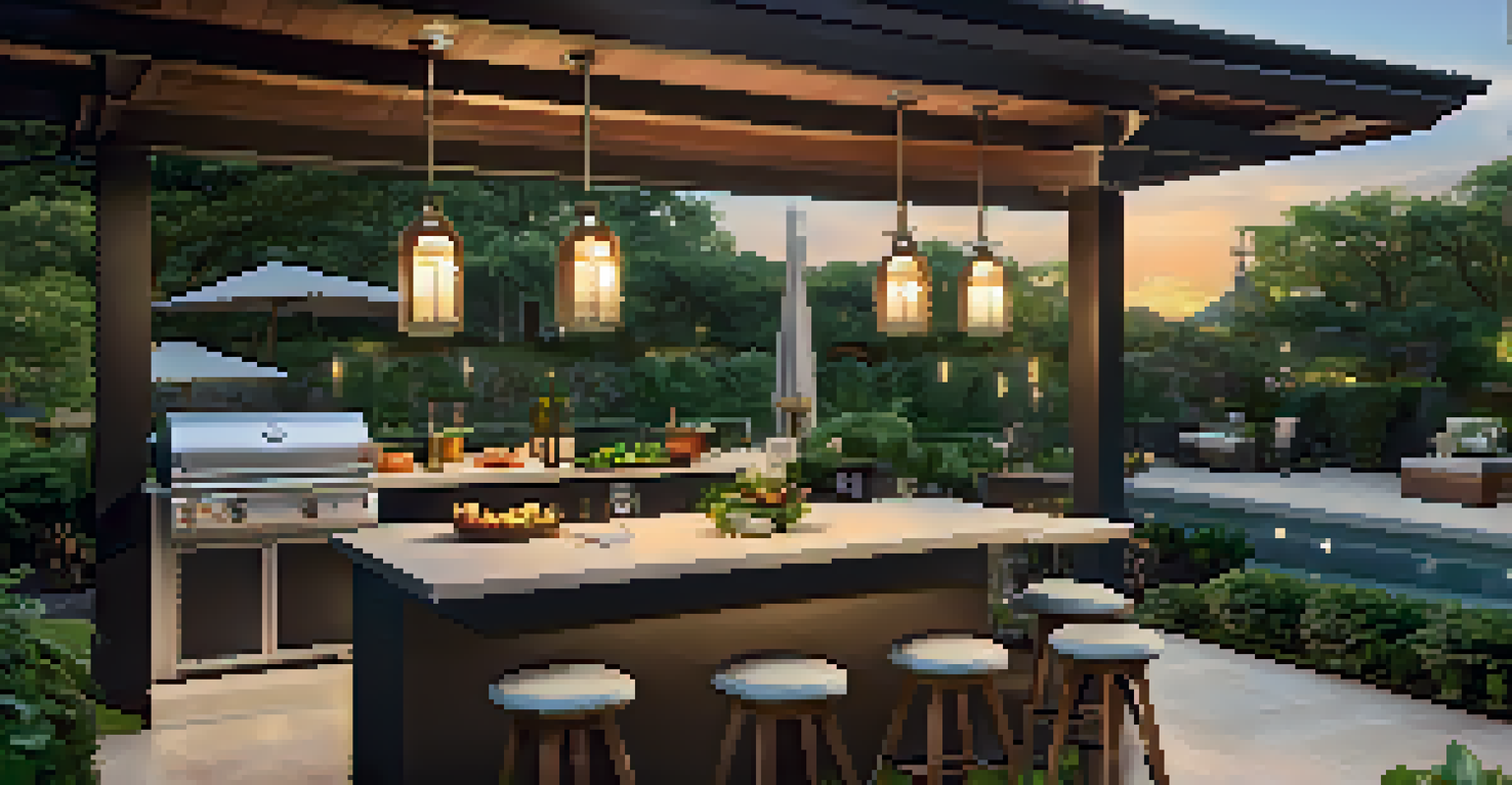 A modern outdoor kitchen with a grill and bar stools, surrounded by greenery during sunset.