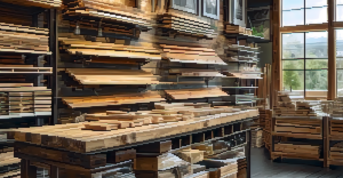Close-up view of sustainable building materials including reclaimed wood, bamboo, and recycled metal in a bright hardware store.