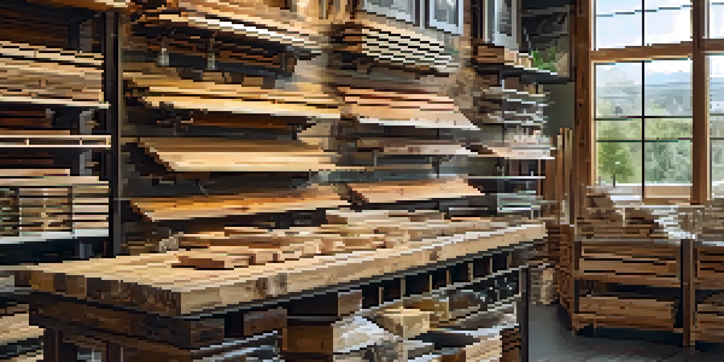 Close-up view of sustainable building materials including reclaimed wood, bamboo, and recycled metal in a bright hardware store.