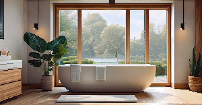 A modern bathroom with a soaking tub, wood accents, and soft lighting, featuring a window with plants.