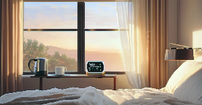 A modern bedroom with soft morning light, showcasing a smart alarm clock, a coffee maker, and a neatly made bed with fluffy pillows.