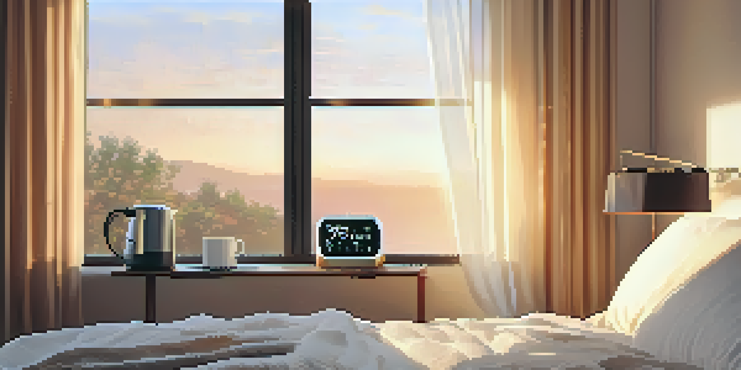 A modern bedroom with soft morning light, showcasing a smart alarm clock, a coffee maker, and a neatly made bed with fluffy pillows.