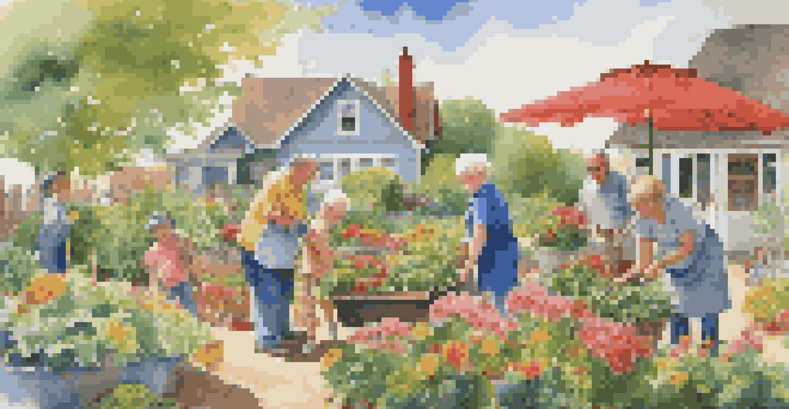 A garden scene with grandparents, parents, and children collaborating on gardening tasks, surrounded by colorful flowers and vegetables.