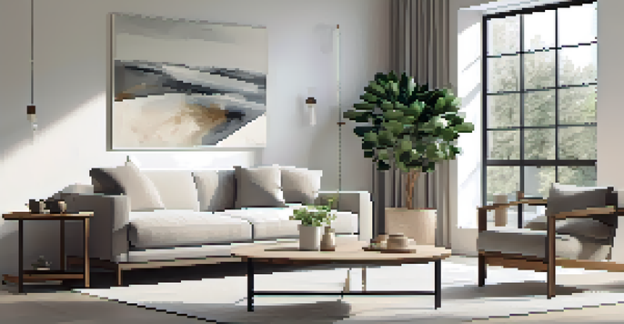 A bright and airy minimalist living room with a neutral color scheme, large windows, and a cozy sofa with a succulent on a wooden coffee table.