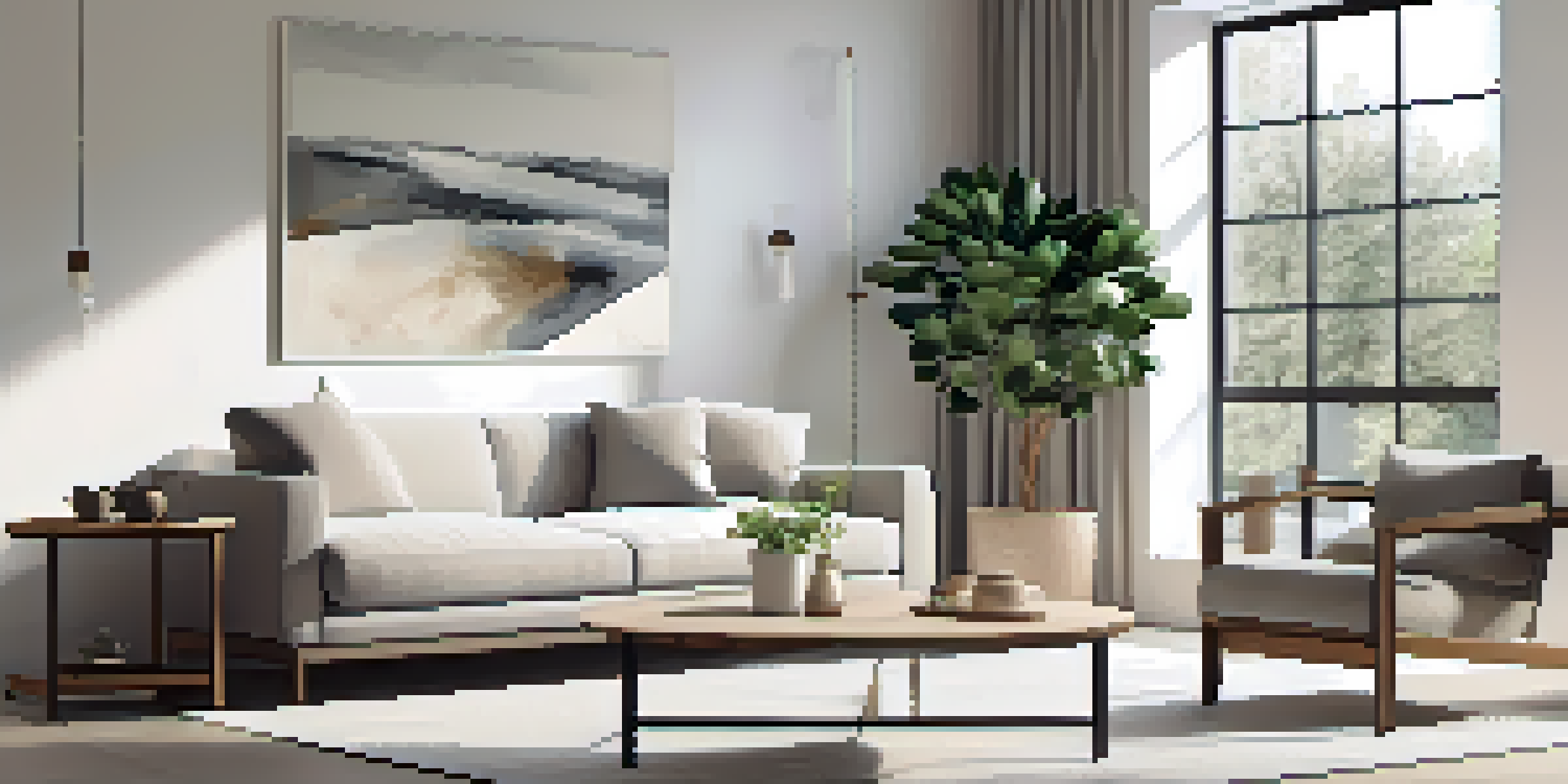 A bright and airy minimalist living room with a neutral color scheme, large windows, and a cozy sofa with a succulent on a wooden coffee table.