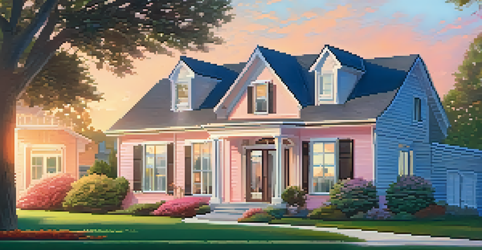 A quiet neighborhood at sunset with a modest home and a 'For Sale' sign in the yard, surrounded by trees.