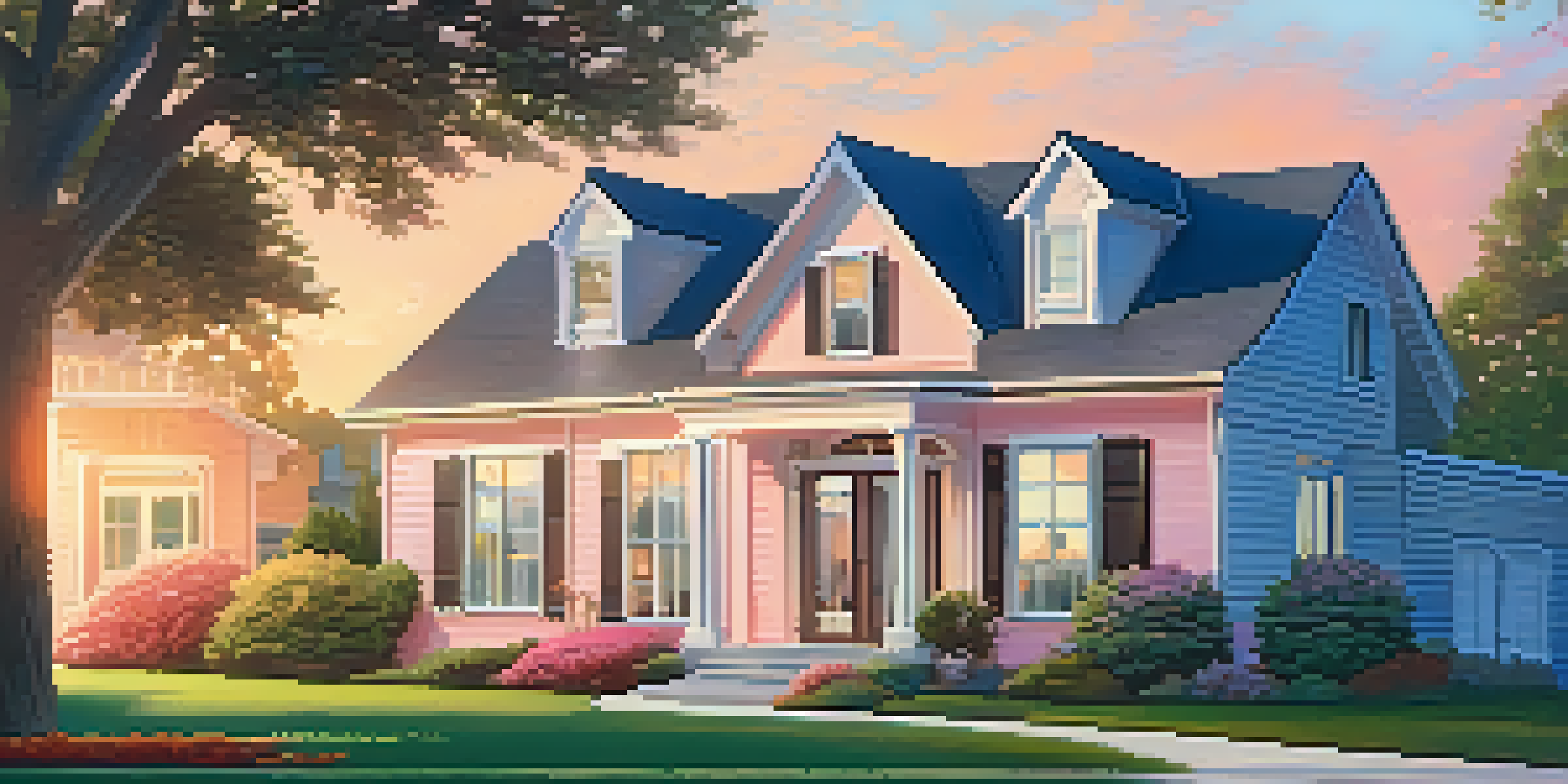 A quiet neighborhood at sunset with a modest home and a 'For Sale' sign in the yard, surrounded by trees.