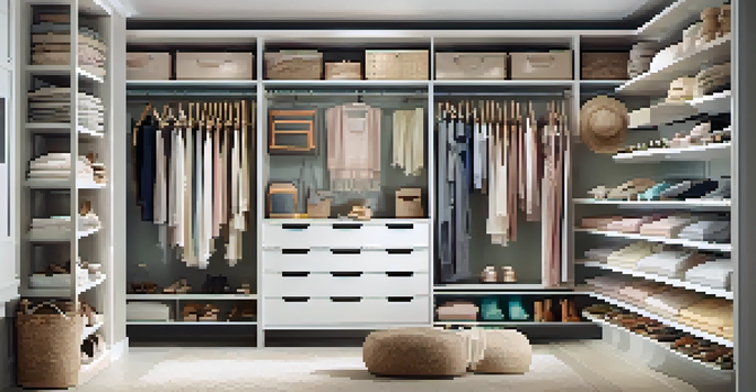 An organized closet with hanging clothes, storage bins, and accessories on hooks, illuminated with bright lighting.