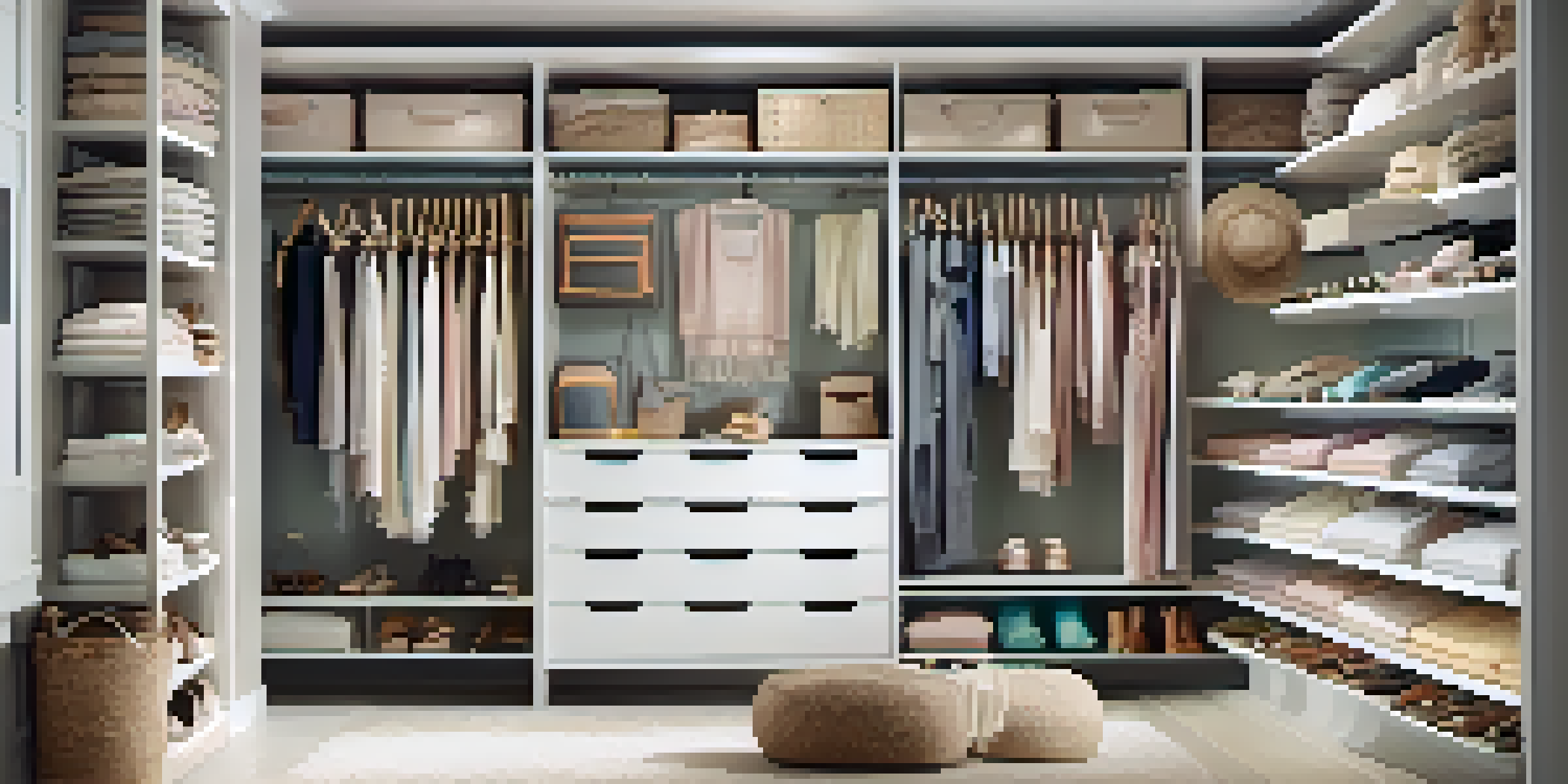 An organized closet with hanging clothes, storage bins, and accessories on hooks, illuminated with bright lighting.