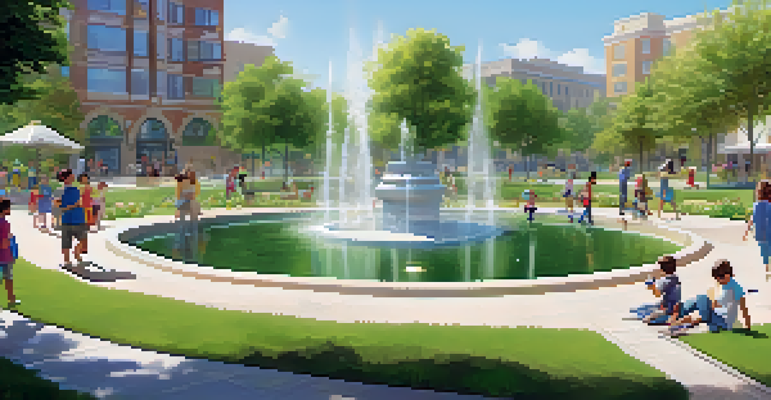 A lively urban park with smart water management, showcasing diverse people enjoying nature.