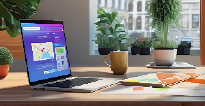 A laptop displaying a colorful virtual tour interface with a map and feedback options in a cozy room.