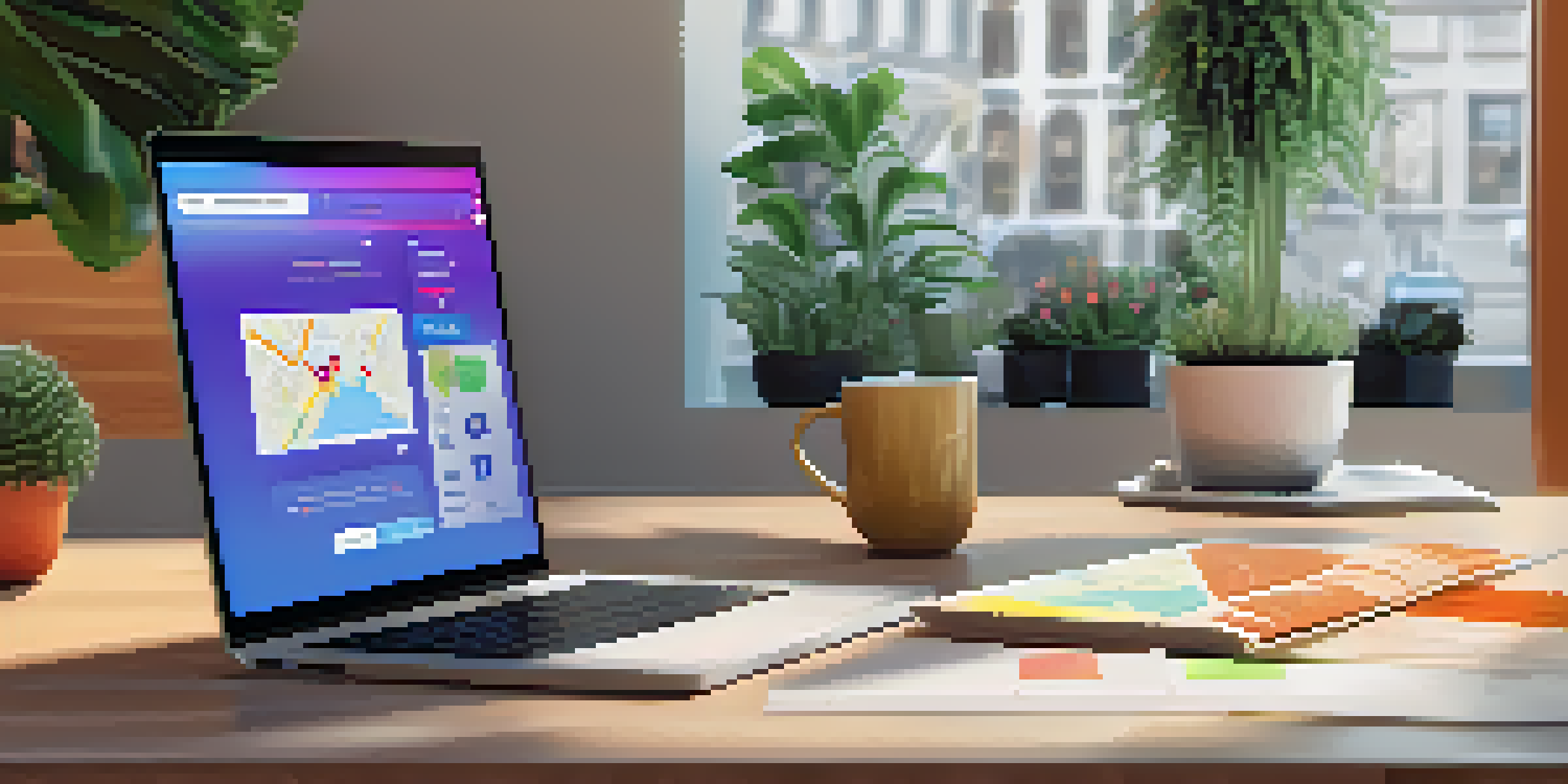 A laptop displaying a colorful virtual tour interface with a map and feedback options in a cozy room.